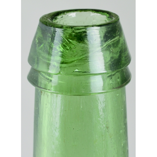 734 - BRISTOL PATENT SEALED CYLINDER WINE BOTTLE. 11.5ins tall. Very dark aqua glass, long tapering neck, ... 