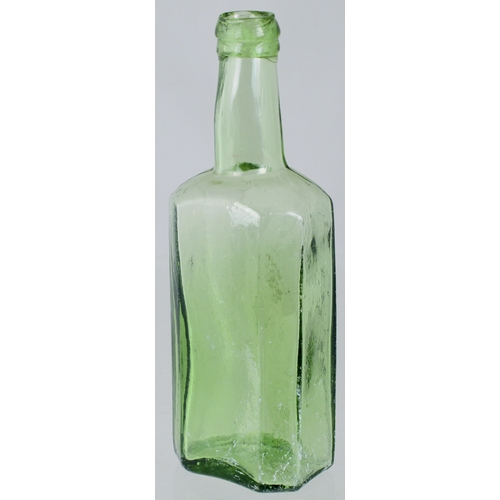 735 - UTILITY BOTTLE. 6.75ins tall. Aqua glass, rectangular shape, chamfered corners, long neck. Applied l... 