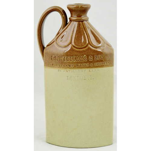 711 - LONDON FLAT SIDED FLASK. 11ins tall. T.t, side handle, scalloped detail around neck area, impressed ... 