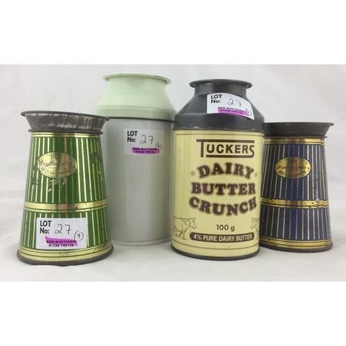 27 - MILK CHURN TINS GRP. Tallest 5ins, Tuckers plus The Playtime Dairy, one plain. Good! (4)