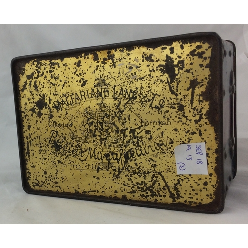 47 - MCFARLANE LANG BISCUIT TIN. 4 x 6ins, trunk/ chest type shape with various labels affixed. Base carr... 