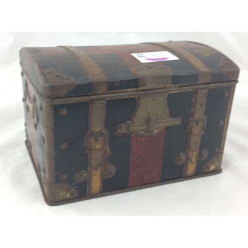 47 - MCFARLANE LANG BISCUIT TIN. 4 x 6ins, trunk/ chest type shape with various labels affixed. Base carr... 