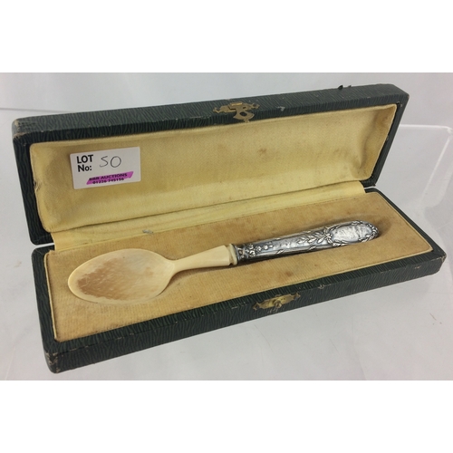 50 - 19TH CENTURY SILVER FEEDING SPOON. 6.5ins, silver handled, bone scoop part, in original presentation... 