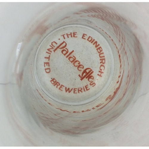 88 - VINTAGE BEER GLASS. 5.5ins, clear glass, etched in red inside the bottom THE EDINBURGH UNITED BREWER... 