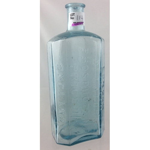 114 - DR LALORS CURE. 8.5ins tall, ice blue glass, rectangular body, embossed vertically LONDON/ DR LALORS... 