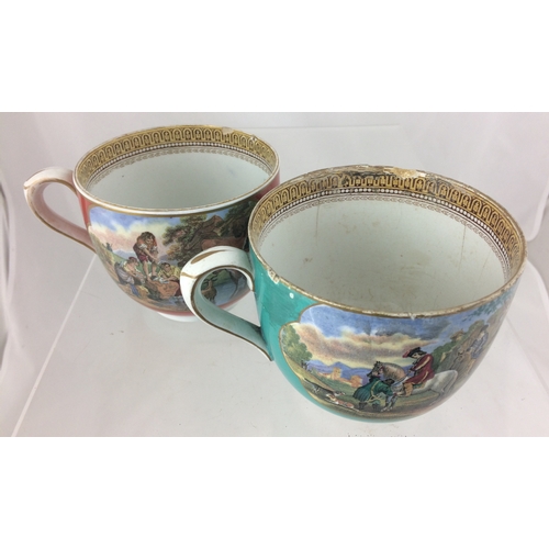 119 - PRATT WARE CUP & SAUCERS. Green & red with yellow border, Inc. KM 356, 603, 612 & 613. Some damages.... 