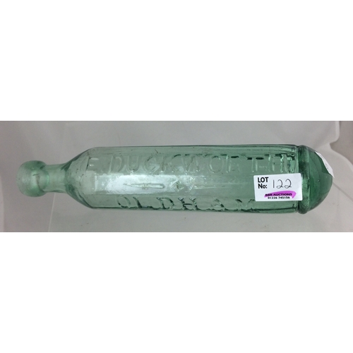 122 - 122. E. DUCKWORTH CUCUMBER CYLINDER. 10ins tall, aqua, vertically ribbed, round ended, embossed E. D... 