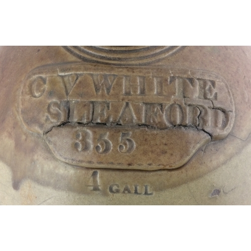 128 - SLEAFORD SLAB SEALED FLAGON. 18.5ins, t.t., grey green Chesterfield slip glaze, handled. Shoulder im... 