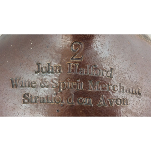 130 - STRATFORD ON AVON FLAGON. 15.5ins, t.t. salt glaze, rear handle. Shoulder impressed 2/ JOHN HALFORD/... 