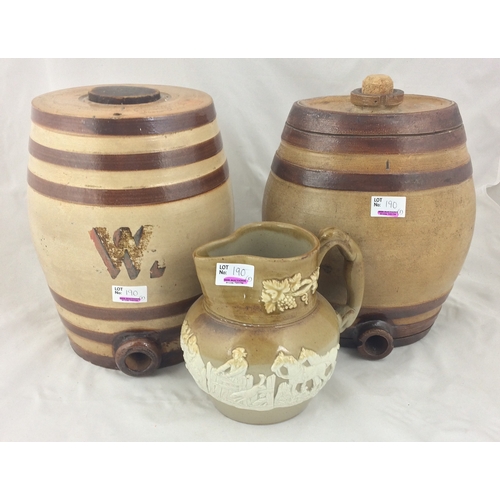 190 - STONEWARE TRIO. Tallest 10ins, two barrels, darker rings around body, one plain, other with W to fro... 