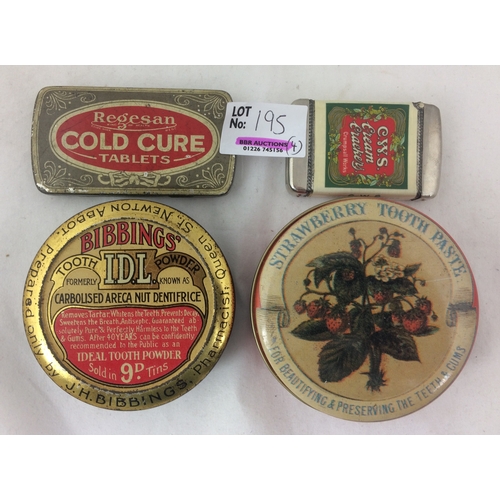 195 - TINS GRP. Largest 3ins diam. Decorative & colourful. CWS, Cold cure tablets, tooth paste & a good ve... 