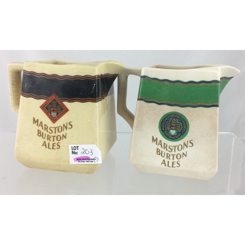 203 - MARSTONS BURTON ALES JUG DUO. Tallest 4.5ins, cream glaze, handled, one green band to top, other bla... 