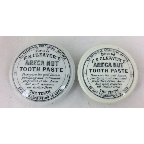 217 - CLEAVERS POT LID DUO. Largest 3ins diam, black & white, F. S. CLEAVERS/ ARECA NUT/ TOOTH PASTE, seve... 