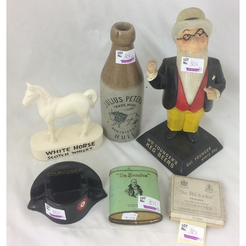 301 - MIXED GROUP. Inc. Wm Youngers back bar & White Horse figures, Hull g.b, De Reszke cigarette tin & pa... 