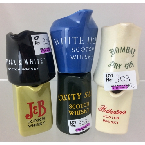 303 - MINIATURE WHISKY WATER JUGS. Tallest 3ins. Various shapes, forms inc. White Horse, Cutty Sark, Black... 