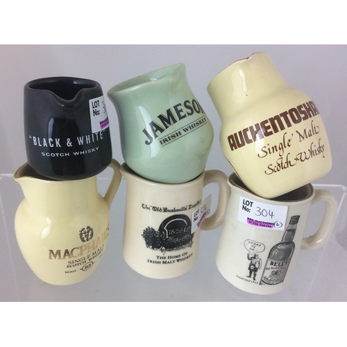 304 - MINIATURE WHISKY WATER JUGS. Tallest 3ins. Various shapes, forms inc. Bells, Jameson, Black & White ... 