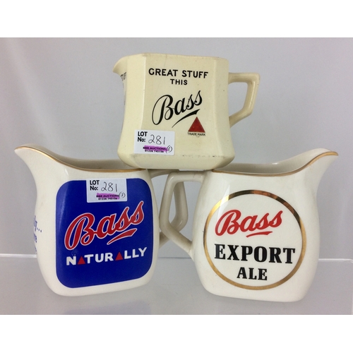 281 - BASS PUB JUG TRIO. Tallest 4.5ins. Three variations of square shape Bass jugs, 2 Wade, 1 Mintons p.m... 