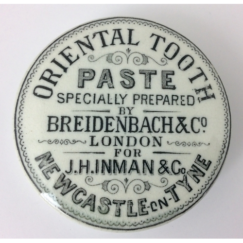 288 - NEWCASTLE ON TYNE TOOTH PASTE POT LID. 2.5ins diam. Black transfer for ORIENTAL TOOTH/ PASTE.../ BRE... 