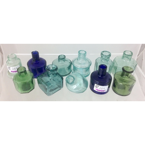 289 - INKS GROUP. Tallest 2.5ins. Various shapes, sizes & colours, cobalt blue, green & aqua glass. Anothe... 