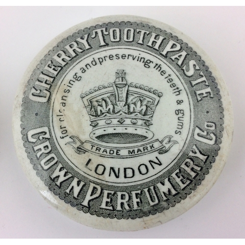 412 - CROWN PERFUMERY POT LID. 3ins, black & white, crown t. m to centre, CHERRY TOOTH PASTE. Rear repaire... 