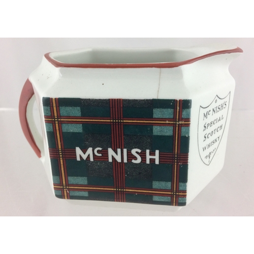 386 - MCNISH PUB JUG. 3.25ins, red handle & top, chequred pattern either side plus shield motif MCNISH’S/ ... 