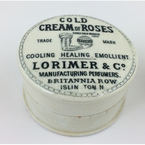 398 - LORIMER & CO POT LID & BASE. 2.5ins diam, black & white, bright transfer COLD/ CREAM OF ROSES. Centr... 