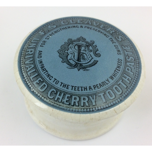 399 - F.S. CLEAVERS POT LID & BASE. 3ins diam, blue background, black transfer UNRIVALLED CHERRY TOOTH PAS... 