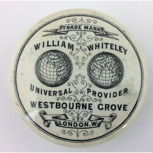 408 - WILLIAM WHITELEY POT LID. 2.75ins, black & white, WESTBOURNE GROVE/ LONDON. W. Pictorial t.m. to cen... 