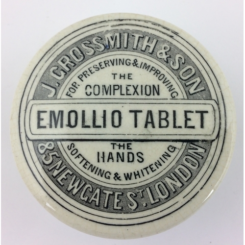 410 - J. GROSSMITH & SON POT LID. 2.75ins, black & white, EMOLLIO TABLET/ 85 NEWGATE ST LONDON. Unusual le... 