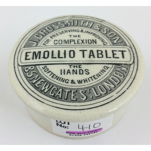 410 - J. GROSSMITH & SON POT LID. 2.75ins, black & white, EMOLLIO TABLET/ 85 NEWGATE ST LONDON. Unusual le... 