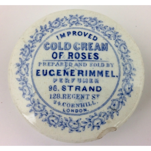 411 - COLD CREAM POT LID. 2.75ins. Blue transfer, COLD CREAM/ OF ROSES/ EUGENE RIMMEL, flower border, seve... 