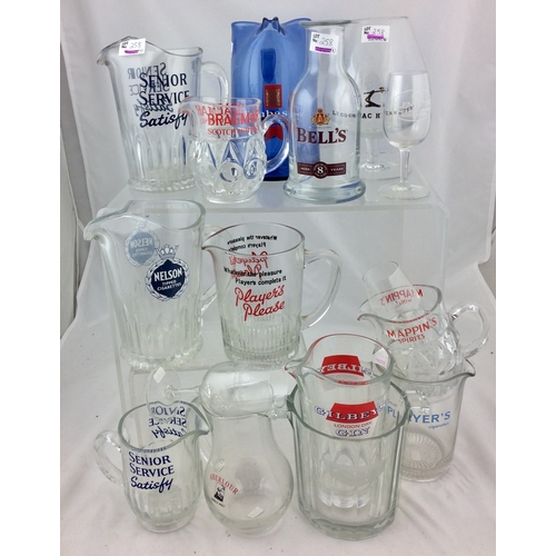 258 - PUB GLASS JUGS GROUP. Tallest 9ins, drinking glasses, jugs, ice buckets Inc. Senior Service, Players... 