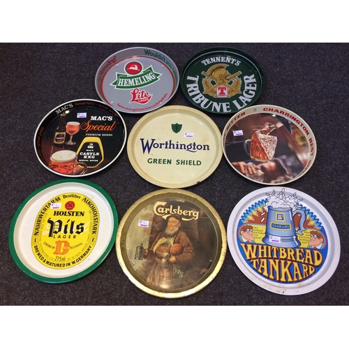 361 - PUB TRAYS GRP. Largest 12ins diam, all circular Inc Mac’s, Worthington, Tennents, Holsten, Carlsberg... 