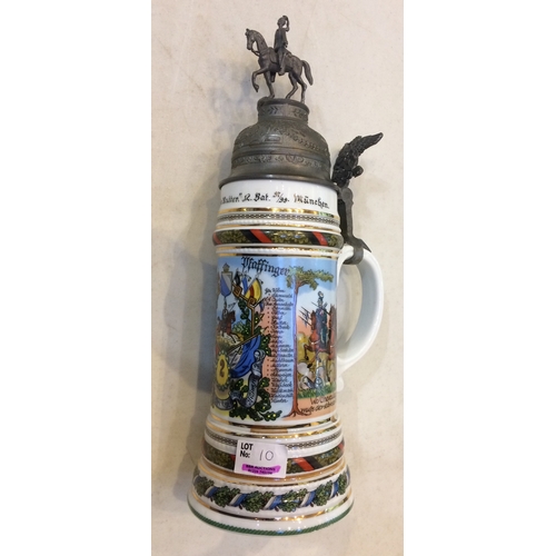 10 - IMPERIAL GERMAN MILITARY STEIN. 13ins, multicoloured, very decorative, handled. Pewter hinged lid wi... 