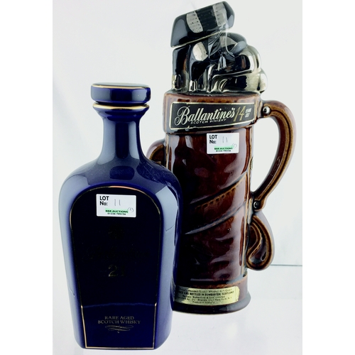 11 - BALLANTINES WHISKY DECANTERS DUO. Tallest 12ins. One sin the hape of a golf bag - golf club forming ... 