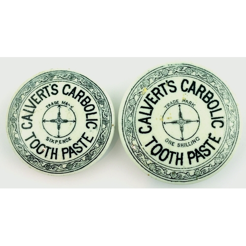 13 - CALVERTS CARBOLIC TOOTH PASTE POT LID DUO. Largest 2.5ins diam. White glaze, black transfers for CAL... 