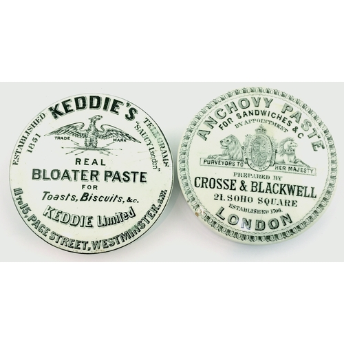 14 - MEAT PASTE POT LID DUO. 3.5ins diam. White glaze, black transfers, one for KEDDIE’S/ REAL/ BLOATER P... 