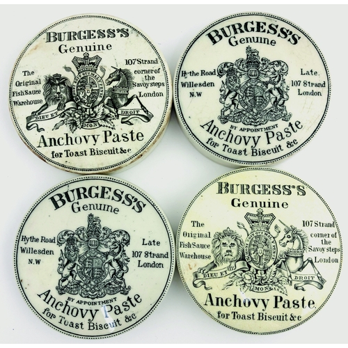 15 - BURGESS’S ANCHOVY PASTE POT LID GROUP. Largest 3.5ins diam. Two t.m. & address variations of BURGESS... 