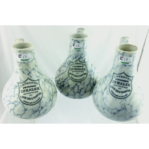 17 - INHALERS TRIO. 7.5ins tall. Dark blue body marbling, front transfer IMPROVED/ EARTHENWARE. INHALER/ ... 