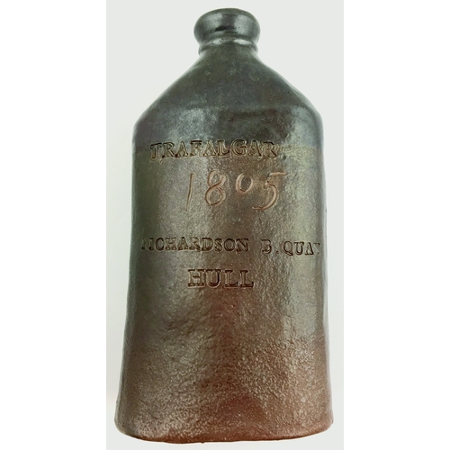 18 - SALT GLAZE FLASKS. Various brown salt glaze hues. Two 6ins tall 2 storey house forms. Plus three 8in... 