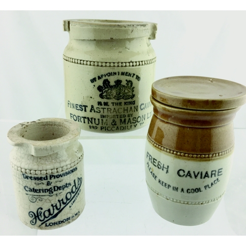 20 - CAVAIRE JAR GROUP. Tallest 4ins, black transfer, Fortnum & Mason Ltd, Harrods Plus one lidded. (3)