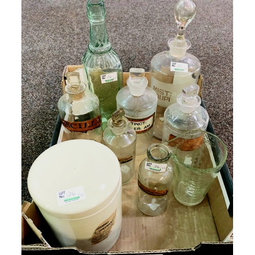 26 - MIXED PHARMACY GROUP. Inc. shop rounds (label under glass, etched, labelled), measuring jug & cerami... 