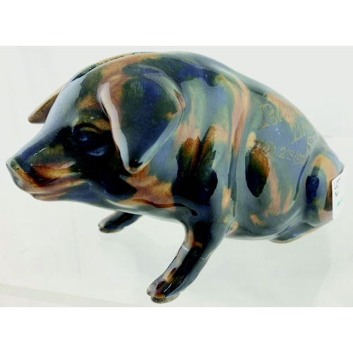 30 - DENBY MAJOLICA PIG MONEY BOX. 4ins tall. A well modelled pig, mottled cobalt blue & brown, c.1937. R... 