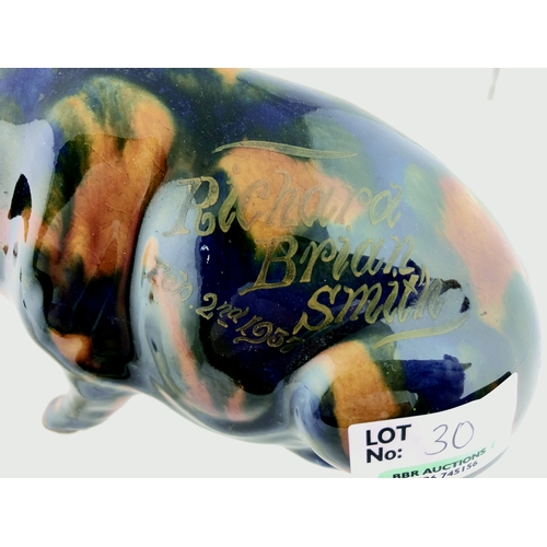 30 - DENBY MAJOLICA PIG MONEY BOX. 4ins tall. A well modelled pig, mottled cobalt blue & brown, c.1937. R... 