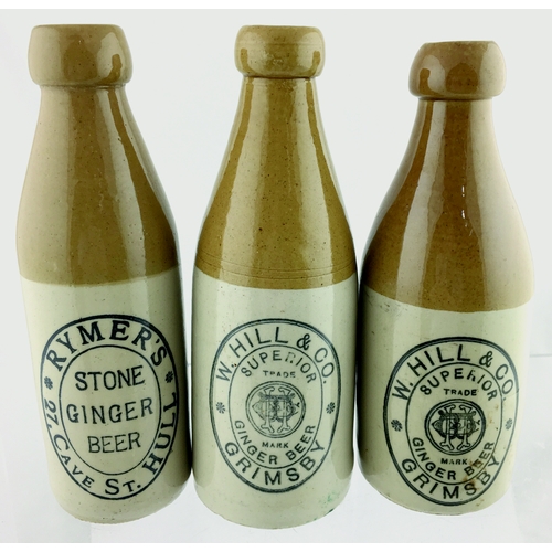 34 - HUMBERSIDE GINGER BEERS TRIO. Tallest 8ins. T.t, ch, black transfers Rymer’s/ Hull (faint rear neck ... 