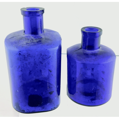 40 - HOBNAIL POISON DUO. Tallest 4.75ins. Cobalt blue glass, raised dots & ribs 2 sides, plain rear area.... 