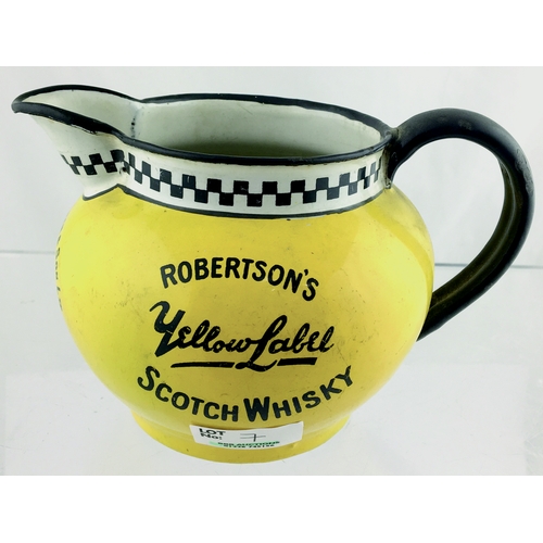 7 - ROBERTSON’S YELLOW LABEL SCOTCH WHISKY WATER JUG. 4ins tall. Enamelled metal jug, main body yellow, ... 