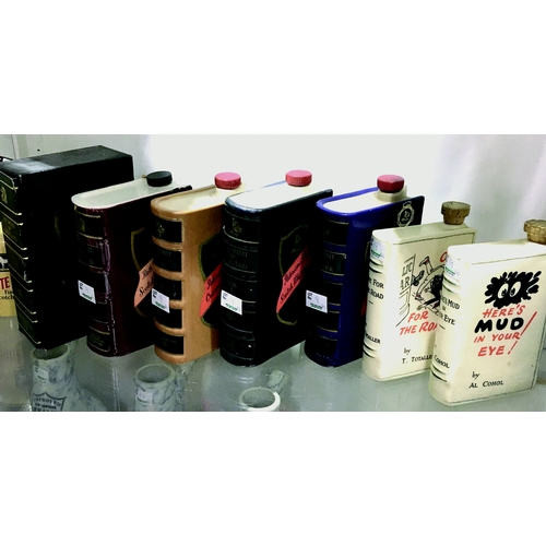 9 - BOOK SHAPE WHISKY FLASKS. Tallest 9ins. Brand names for Rutherford & Pattersons. One with box. Vario... 