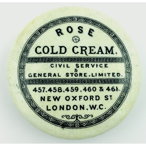 44 - LONDON COLD CREAM POT LID. 3ins diam. White glaze, black transfer for ROSE/ COLD CREAM/ CIVIL SERVIC... 