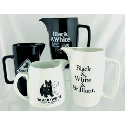 65 - BLACK & WHITE WATER JUGS GROUP. Tallest 6.5ins. Four variations for Black & White Scotch Whisky 3 wi... 